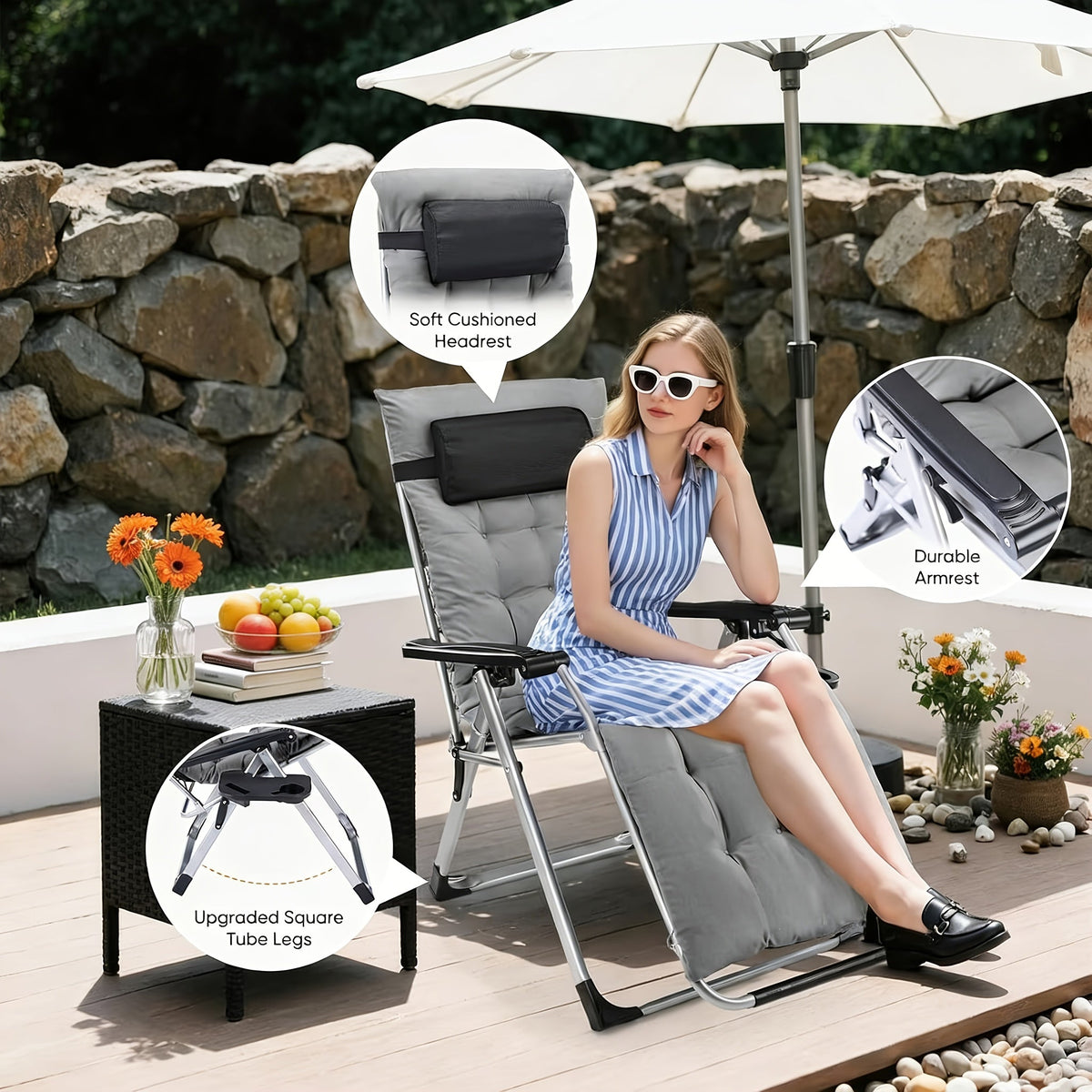Zero Gravity Recliner Foldable Patio Chair – Removable Cushion & Cup Holder Tray for Beach Patio Poolside Outdoor Lounging