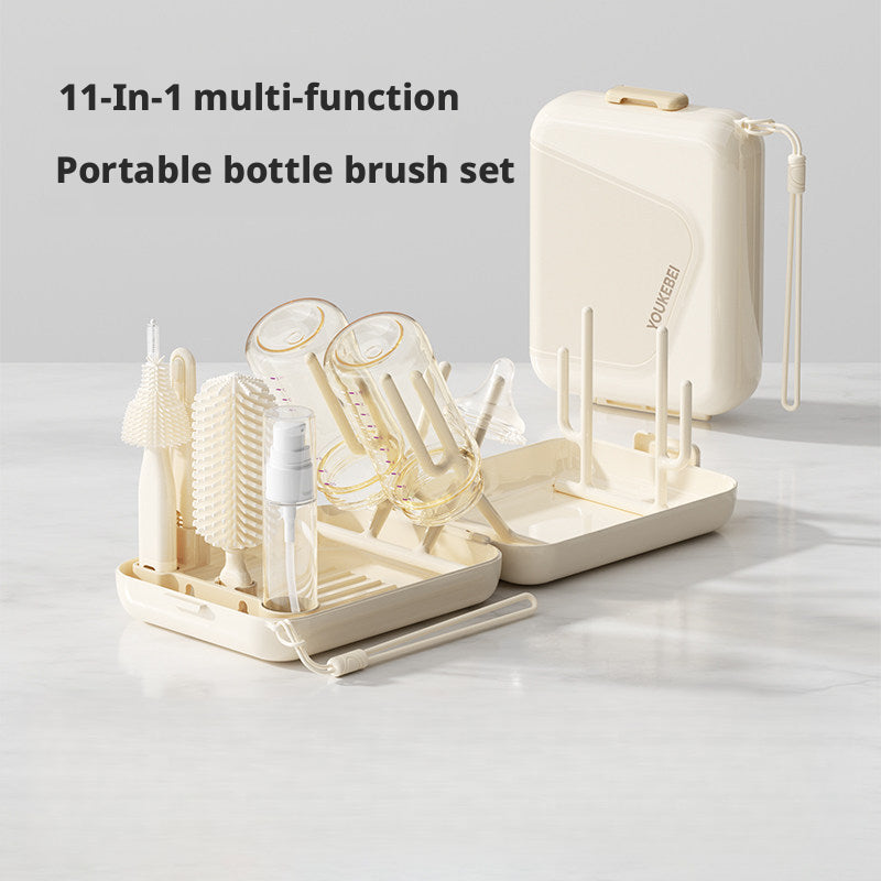 11-in-1 Multifunctional Baby Bottle Brush Cleaning Kit, Portable Travel Set with Nipple Brush, Foldable Stand & Draining Rack for Bottles, 5 Colors