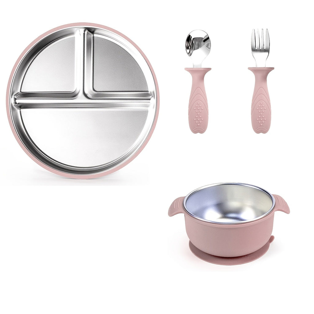 Baby & Toddler Stainless Steel Tableware Set, 304 Stainless Steel Plate Bowl Fork & Spoon, Anti-Fall Anti-Scalding Easy-Clean Children's Mealtime Dining Set, 2 Colors Including Dark Green & Beige