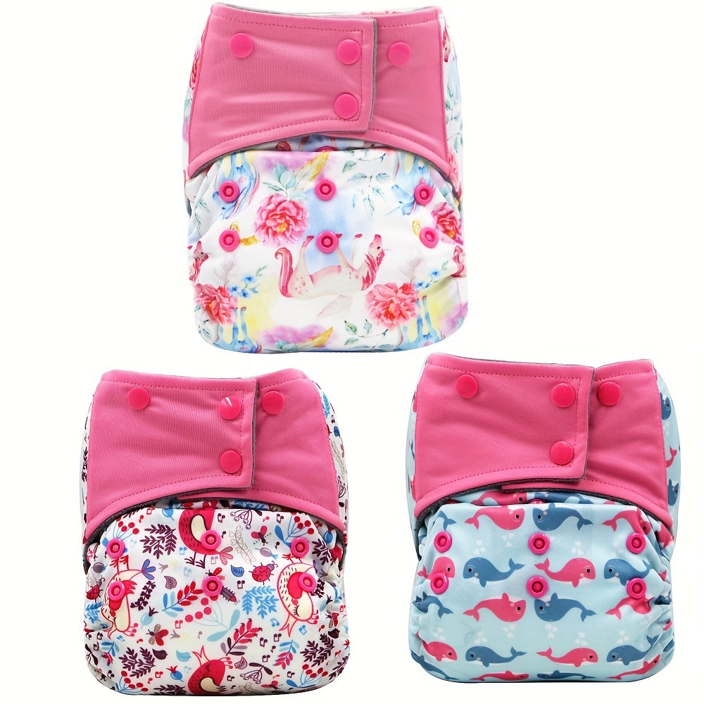 Reusable Cloth Diaper Set of 3 for Baby 0-2 Years, Washable Adjustable One-Size Pocket Diapers Fits 6.6-33 lbs, Cute Print Unisex Cloth Nappies for Boys & Girls
