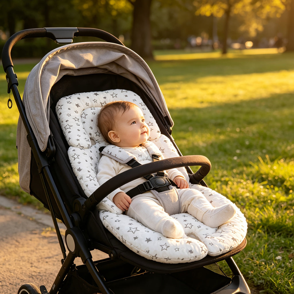 Stroller Seat Cushion with Bean Bag Filling, Soft Breathable Multi-Purpose Baby Stroller Seat Pad for Winter & All-Season Comfort, Fits Most Stroller Models, Ideal for Mother & Baby Outings, White Star
