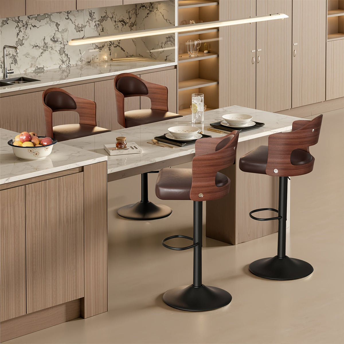 Swivel Bar Stools Set of 4 with PU Leather Upholstered Seat, Wooden Back & Footrest, Counter Height Bar Chairs for Kitchen Island and Dining Room, Black Brown Green White