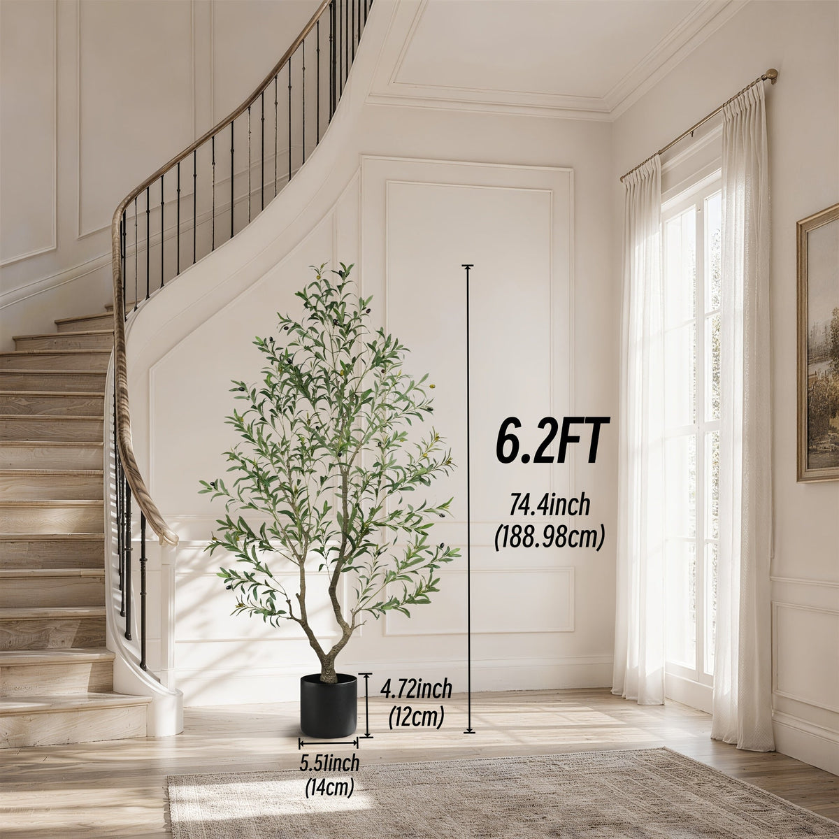 Artificial Olive Tree 5-8FT Tall Potted Faux Olive Floor Plant with Lifelike Leaves & Black Fruits, Decorative Fake Indoor Tree with White or Black Round Planter for Living Room Office Home Decor