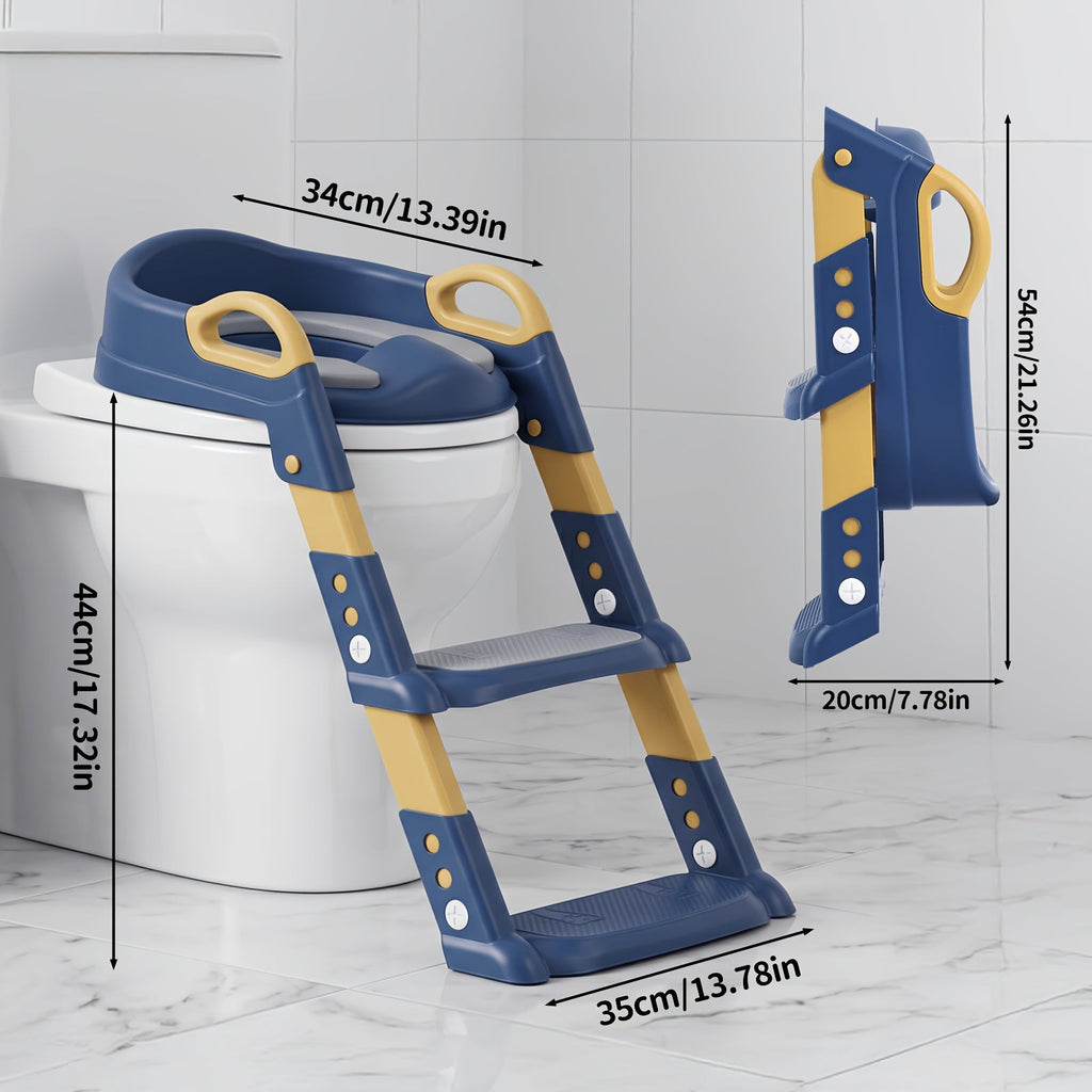 2-in-1 Toddler Toilet Potty Training Seat with Step Stool Ladder, Anti-Slip Adjustable Height Foldable Potty Chair for Kids, Cleaning Brush Included, Pink & Blue