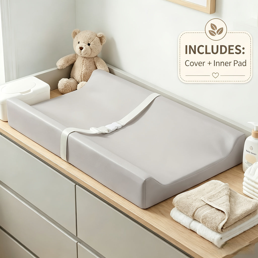 PASAMIC Secure Grip Baby Diaper Changing Pad for Dresser, Waterproof & Wipeable Contoured Changing Pad, Standard Size 15.74 x 31.1 Inch, Non-Slip Baby Changing Mat for Dresser Top, Grey, Beige & Pink