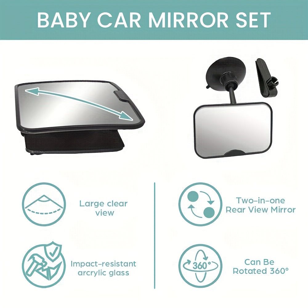 2-Piece Baby Car Mirror Set, 360° Rotatable Shatterproof Rear-Facing Car Seat Mirror & Clip-On Forward-Facing Mirror, Wide Crystal Clear View, Universal Fit, Black Gray & Pink
