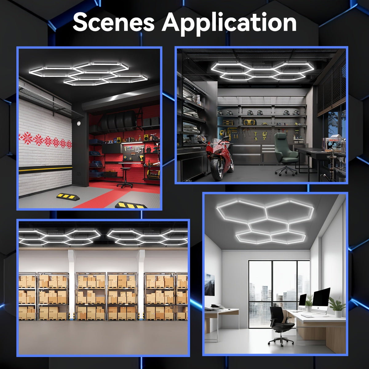 Hexagonal LED Garage Lights - 6500K Daylight White, Snap-On Install, V0 Flame-Retardant, Linkable for Garage, Workshop, Gym & Exhibition Hall - 2 to 22 Grid & HEX Configurations