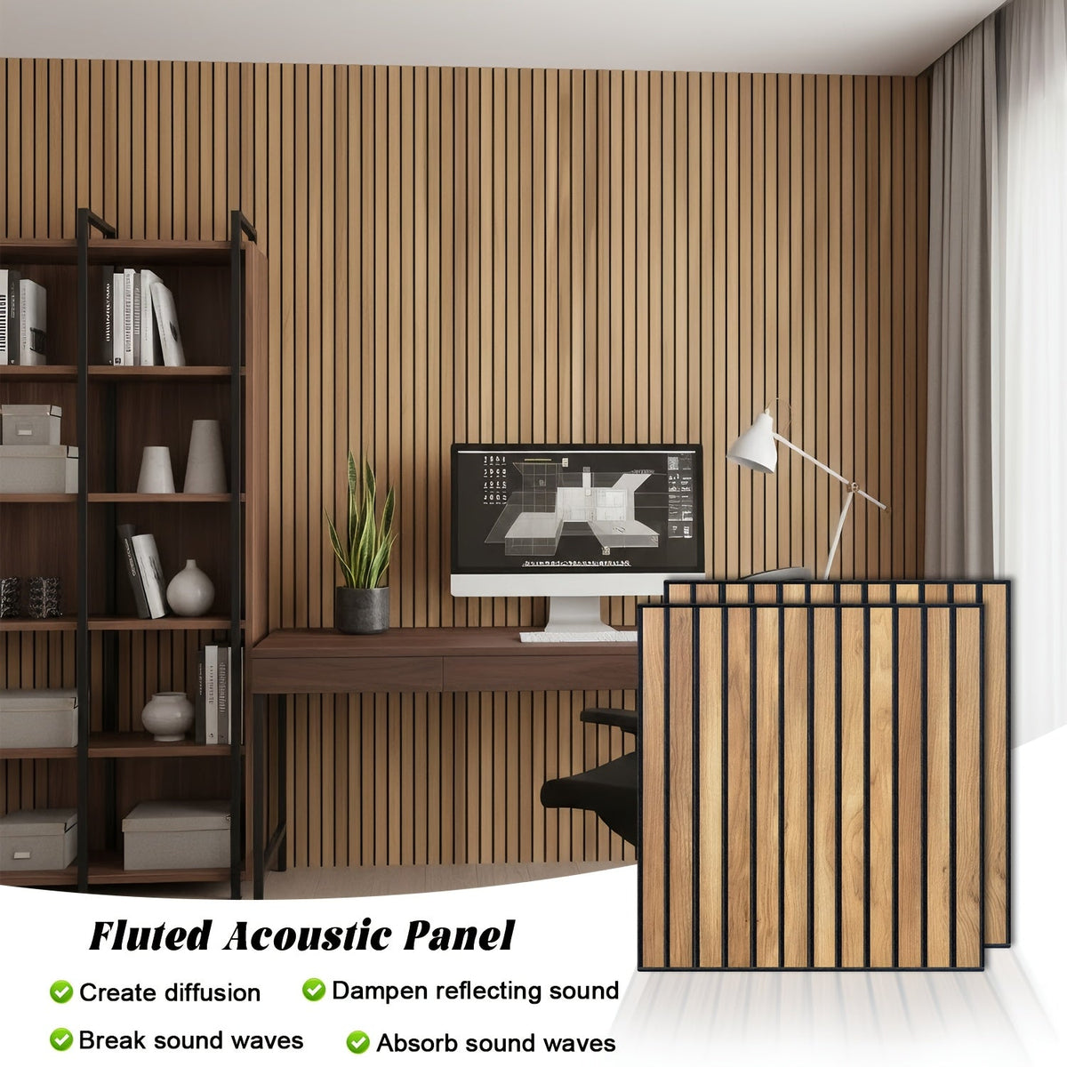 Polyester Fiber Acoustic Panels 4 Pack 23.6x23.6 Inch 3D Grooved PVC Film Fireproof Sound Absorbing Wall Panels for Bedroom Living Room Recording Studio Cinema Conference Room Wood Oak Walnut