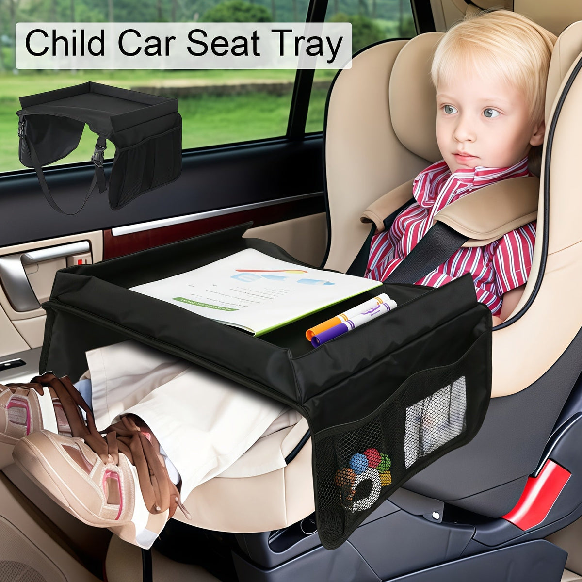 Foldable Kids Car Seat Travel Tray with Storage Pockets, Expandable Polyester Backseat Organizer for Children, Lightweight Lap Desk for Car, Airplane & Home Use, 1 or 2 Pack