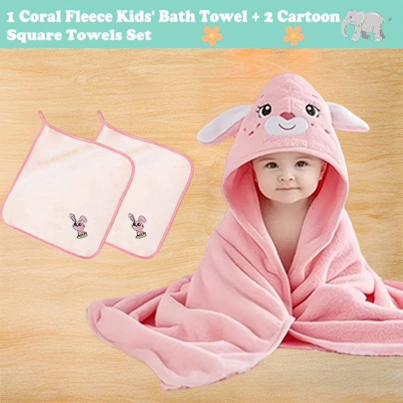 Baby Hooded Bath Towel 3-Piece Set, 1 Soft Absorbent Hooded Towel + 2 Cartoon Hand Towels, Non-Shedding Infant Bath Set, 7 Cute Animal Designs Including Duck Elk Koala Panda Rabbit Dinosaur & Penguin