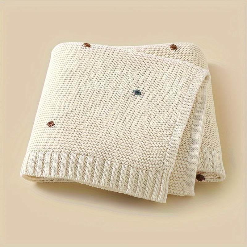 Pure Cotton Hand-Crocheted Pom-Pom Baby Blanket, Soft Knitted Handmade Throw Blanket for Newborns & Children, 4 Colors Including White Pink Light Blue & Light Camel