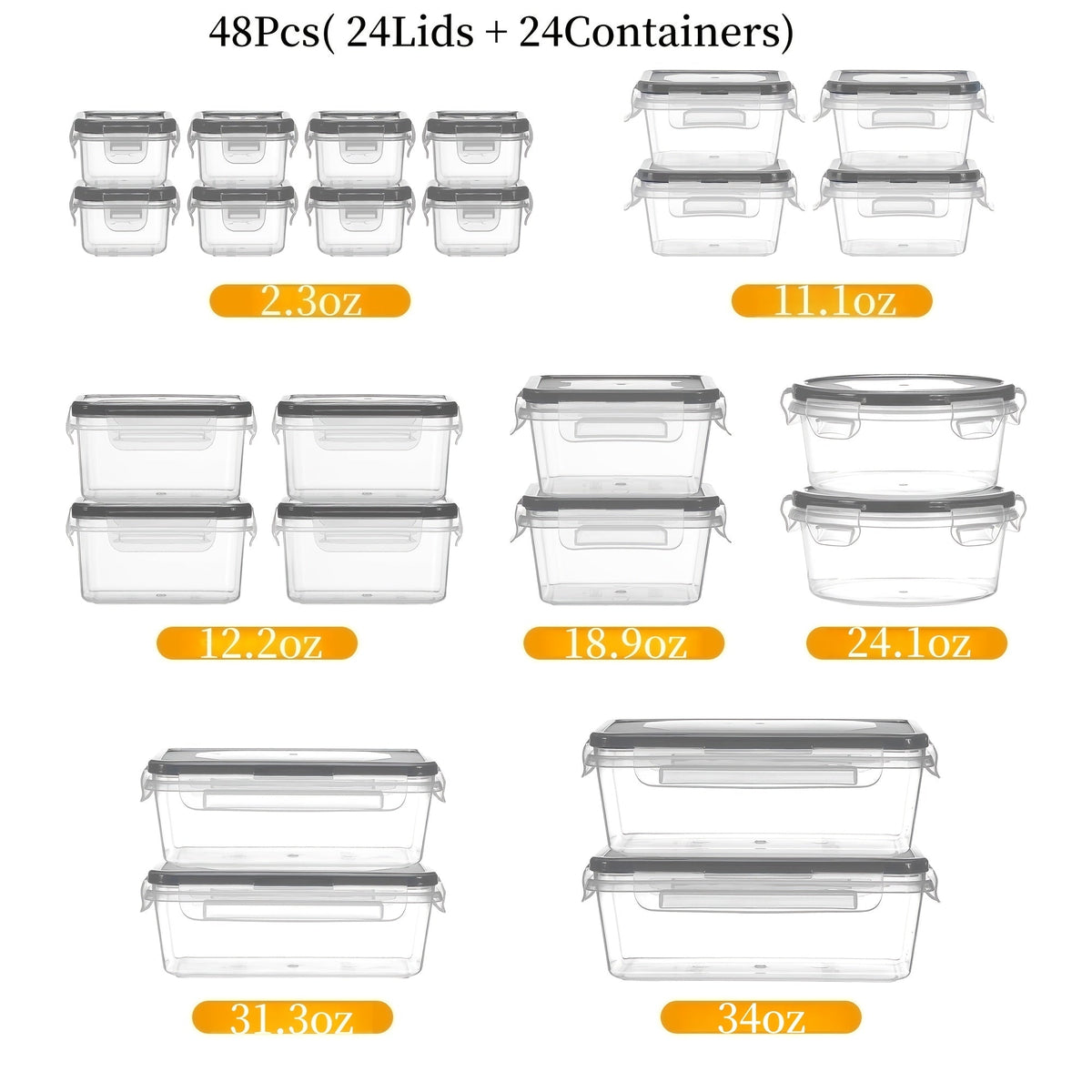 Airtight Food Storage Container Set - 24, 40 & 48-Piece, Leak-Proof 4-Side Locking Lids, Stackable, Food-Grade Plastic, Fridge, Freezer & Dishwasher Safe - Pantry, Kitchen, Travel & Picnic with Labels