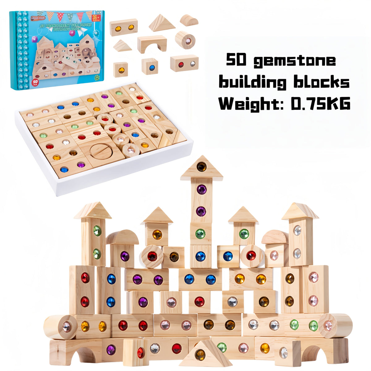 Wooden Sensory Building Blocks with Colorful Rhinestones, 32pc/50pc Educational Stacking Toys for Toddlers 18M+, Fine Motor Skills & Imaginative Play, Birthday & Christmas Gift