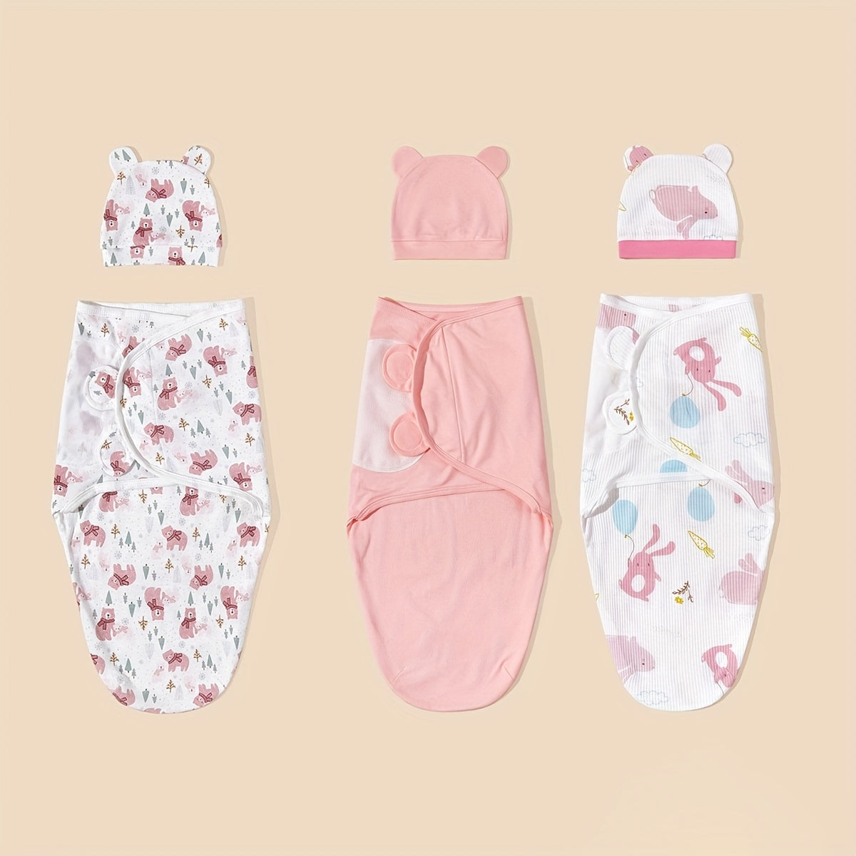 3-Pack Newborn Swaddle & Hat Set for Spring & Summer, Soft Swaddle Cloth with Matching Hat for Infants, Gray Wavy Cloud Pink Rabbit Bear White Rabbit & Gray Rocket Cloud
