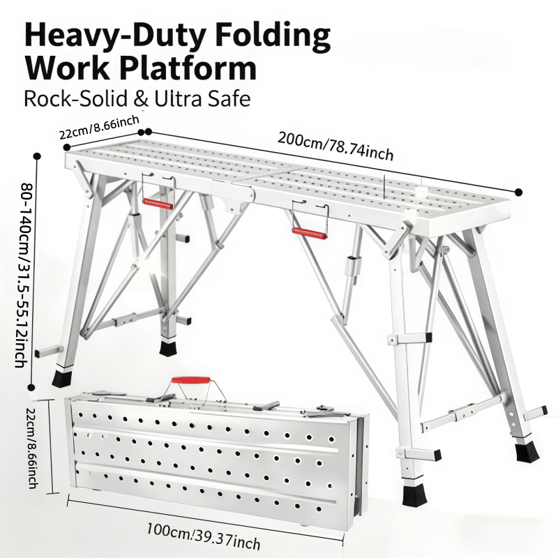 Height Adjustable Heavy Duty Scaffolding Portable Folding Work Platform Non-Slip Base for Truck Washing Semi-Trailer RV Roof Cleaning Commercial Vehicle Repair 47 63 79 Inch Silver