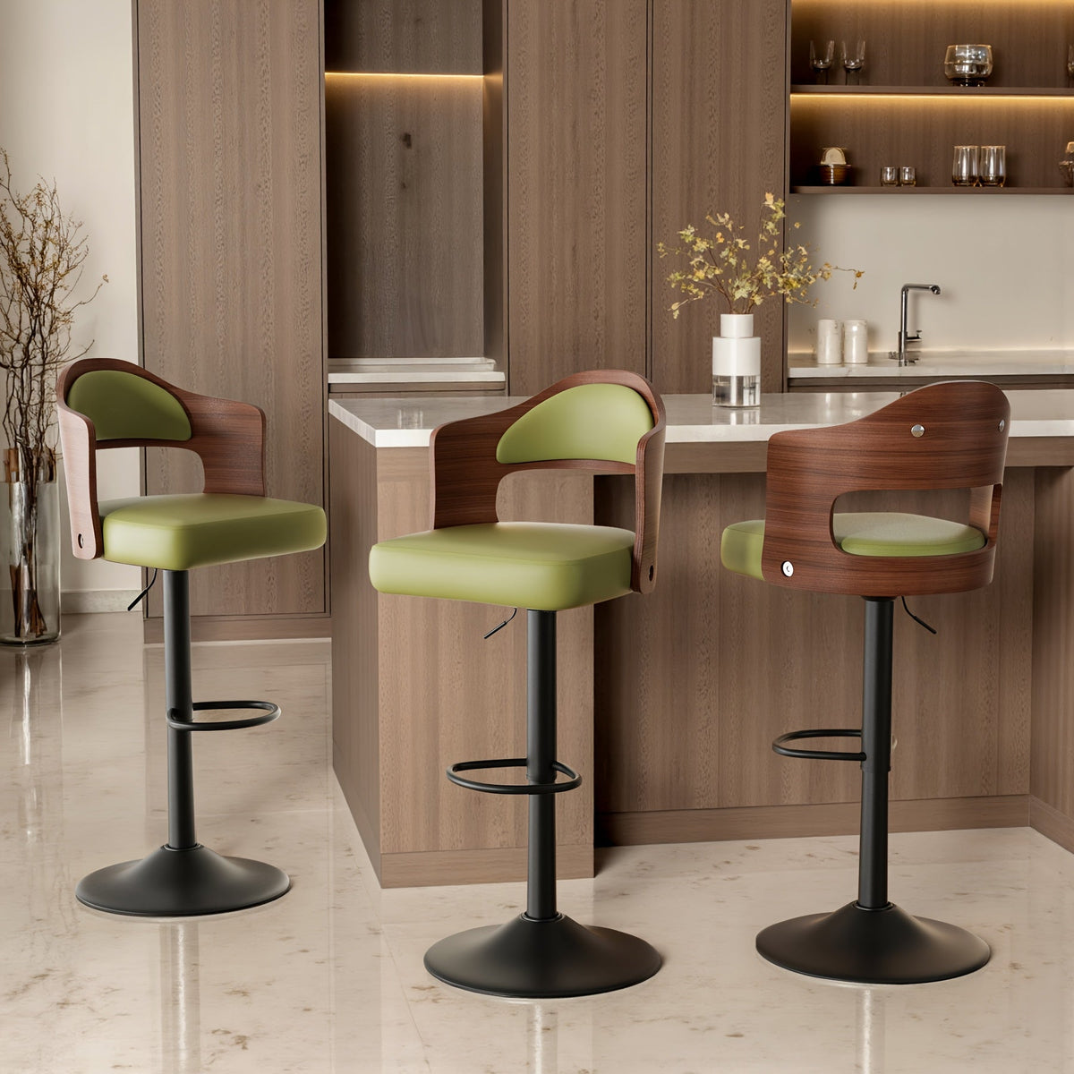Swivel Bar Stools Set of 4 with PU Leather Upholstered Seat, Wooden Back & Footrest, Counter Height Bar Chairs for Kitchen Island and Dining Room, Black Brown Green White