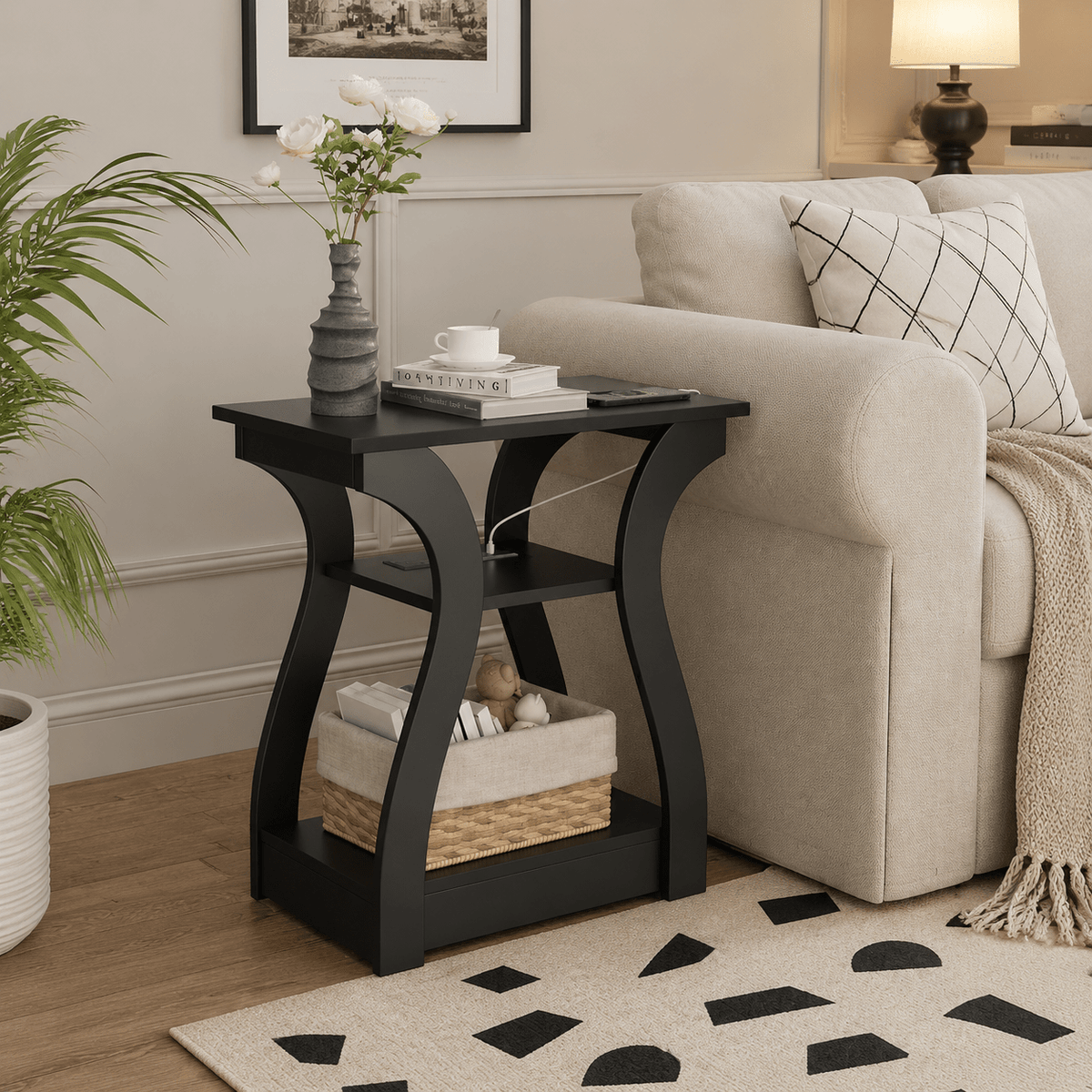 3-Tier Side Table with Charging Station – USB Port & Power Socket End Table for Bedroom Living Room Sofa Bedside Reading Afternoon Tea