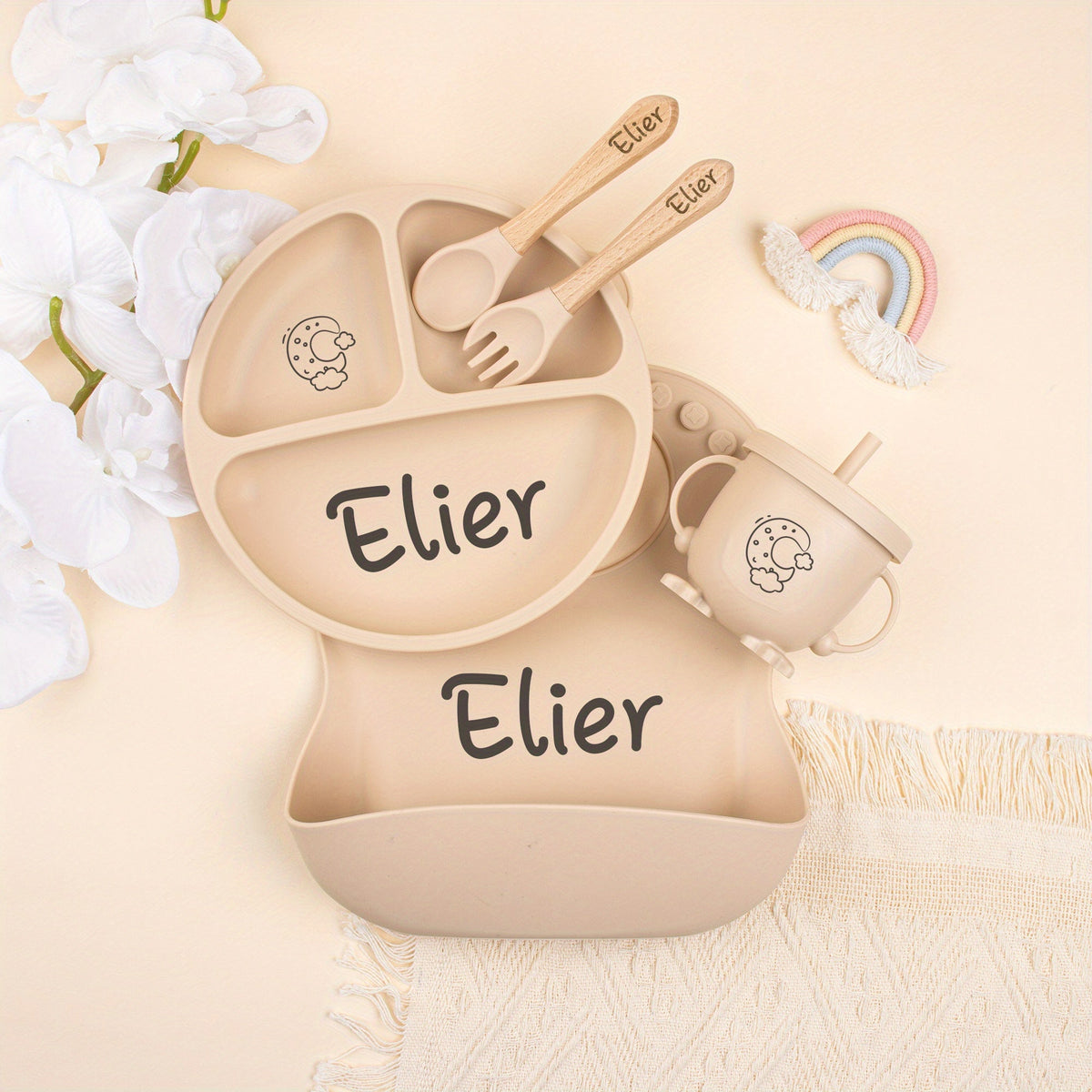 5-Piece Personalized Laser-Engraved Silicone Baby Weaning Set, Custom Name Baby Plate & Cartoon Toddler Feeding Set for Kids, Baby Shower, Christmas & Halloween Gift, Beige, Pink & Gray