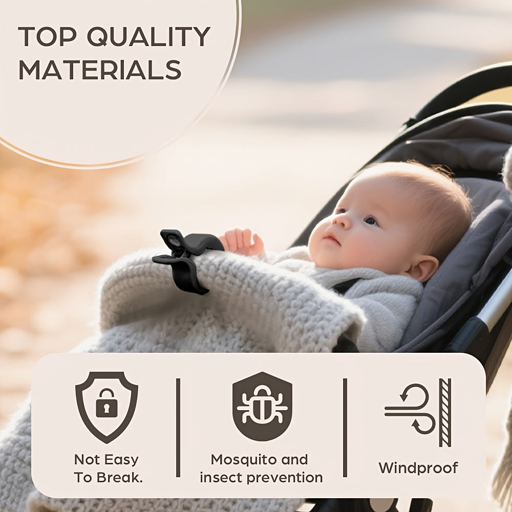 4-Piece Baby Stroller Blanket Clips with Simulation Steering Wheel Toy, Adjustable Universal Pram Blanket Pegs for Sun Wind & Insect Protection, Tool-Free Stroller Accessory, Black Khaki Blue & Pink