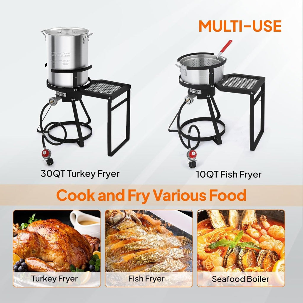 30-Quart Outdoor Turkey Deep Fryer Kit with 100,000 BTU Propane Burner Strainer Basket Steamer Plate & Foldable Side Shelf for Seafood Boils Frying & Steaming