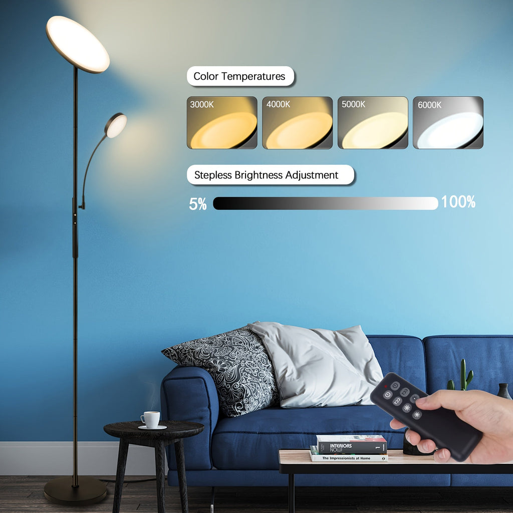 Dual-Function LED Floor Lamp 27W 2300LM Torchiere & 7W 350LM Reading Light 4 Color Temps Dimmable Remote & Touch Control for Home & Office – Black & White