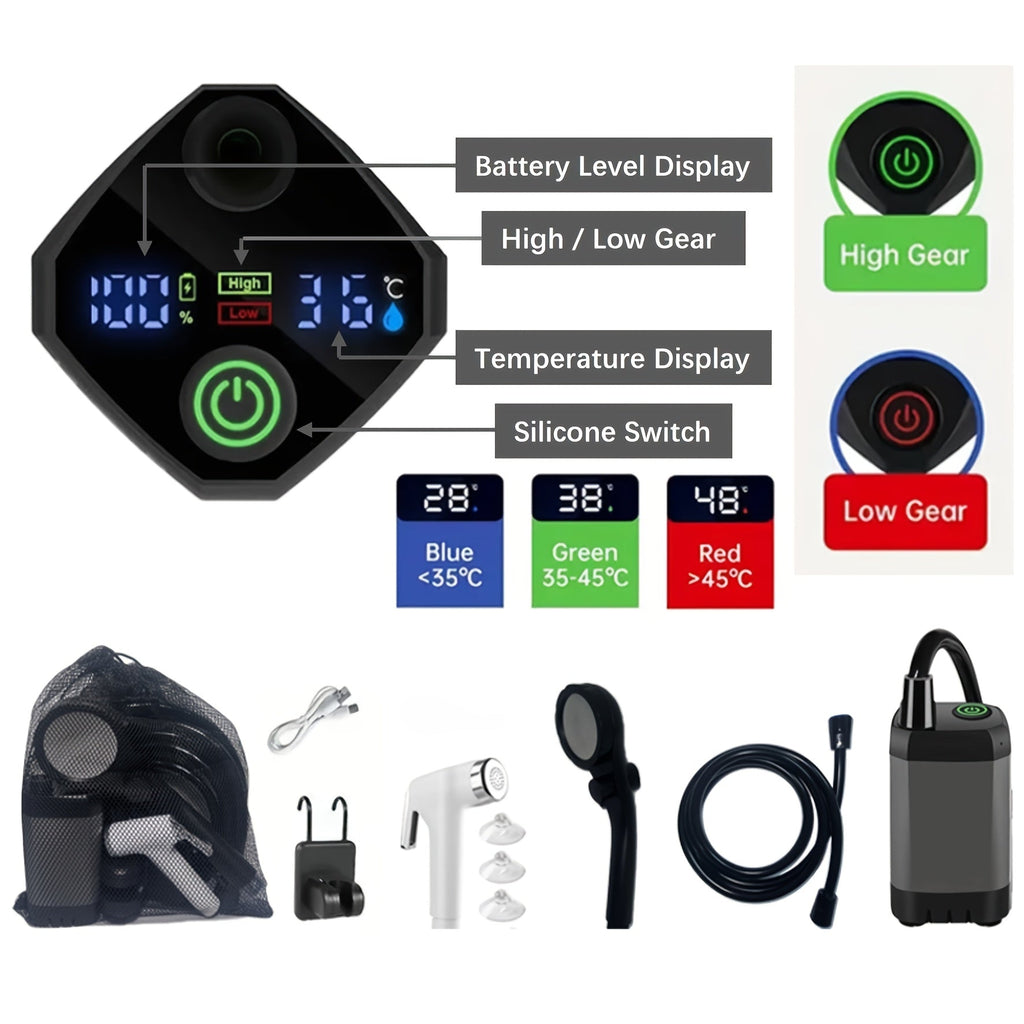 Portable Camping Shower 6000mAh Rechargeable - LED Display, Multiple Modes, IPX7 Waterproof, 120-Min Runtime, 3-in-1 Hook for Hiking, Pet Washing, Car Washing & Beach - Gray & Black