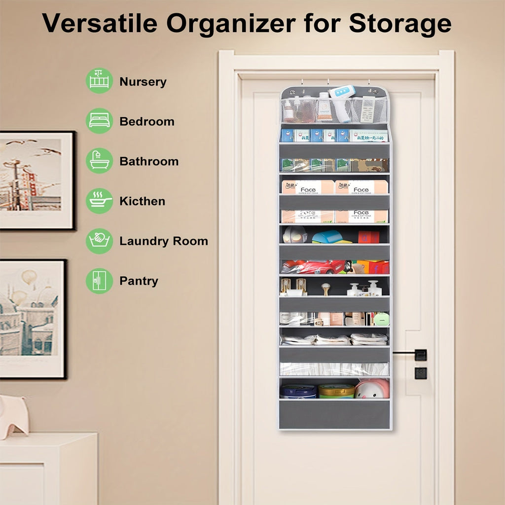 Over-the-Door Hanging Storage Organizer, 7 Spacious Pockets with Clear Window, 50 lb Capacity Door Organizer for Shoes Diapers & Bedroom Storage, Dark Grey
