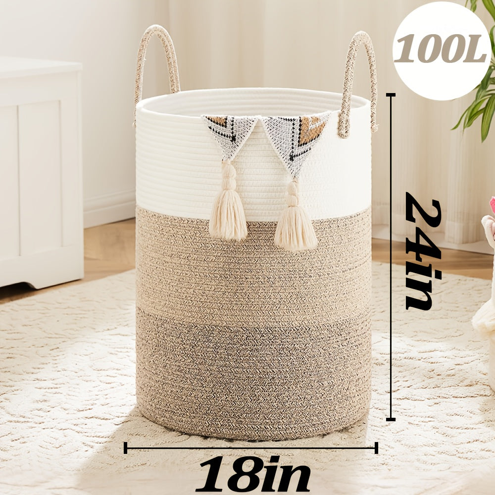 Collapsible Cotton Rope Woven Laundry Basket, Natural Elegant Laundry Hamper for Bathroom Nursery & Living Room, Versatile Storage for Clothes Toys & Blankets, 40L 60L 80L 100L, 9 Colors
