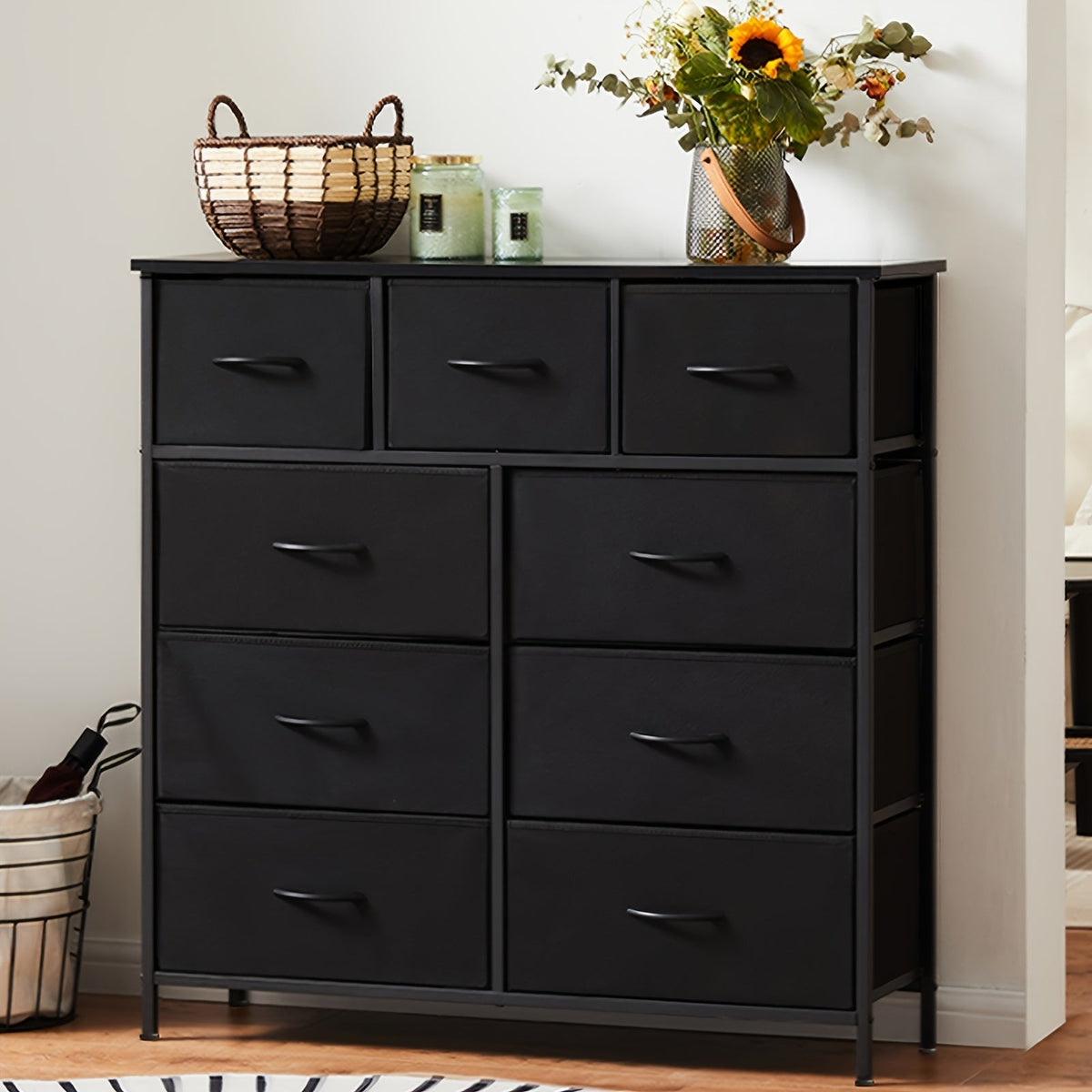 Idle Way 9 & 10-Drawer Bedroom Dresser with Metal Frame & Wood Tabletop, Fabric Closet Organizer Chest Storage Tower for Bedroom, Living Room & Entryway, Coal Black, Black & Grey