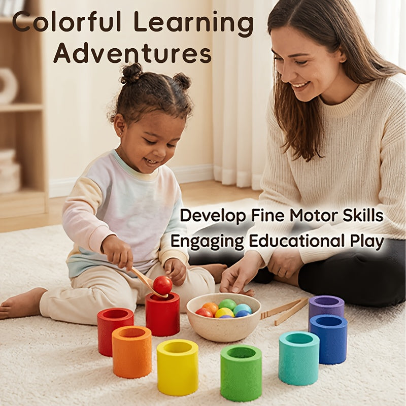Wooden Rainbow Ball & Cup Color Sorting Toy Set, 7 Balls & 7 Cups Educational Color Classification Game for Toddlers, Fine Motor Skills Sensory Learning Toy for Boys & Girls