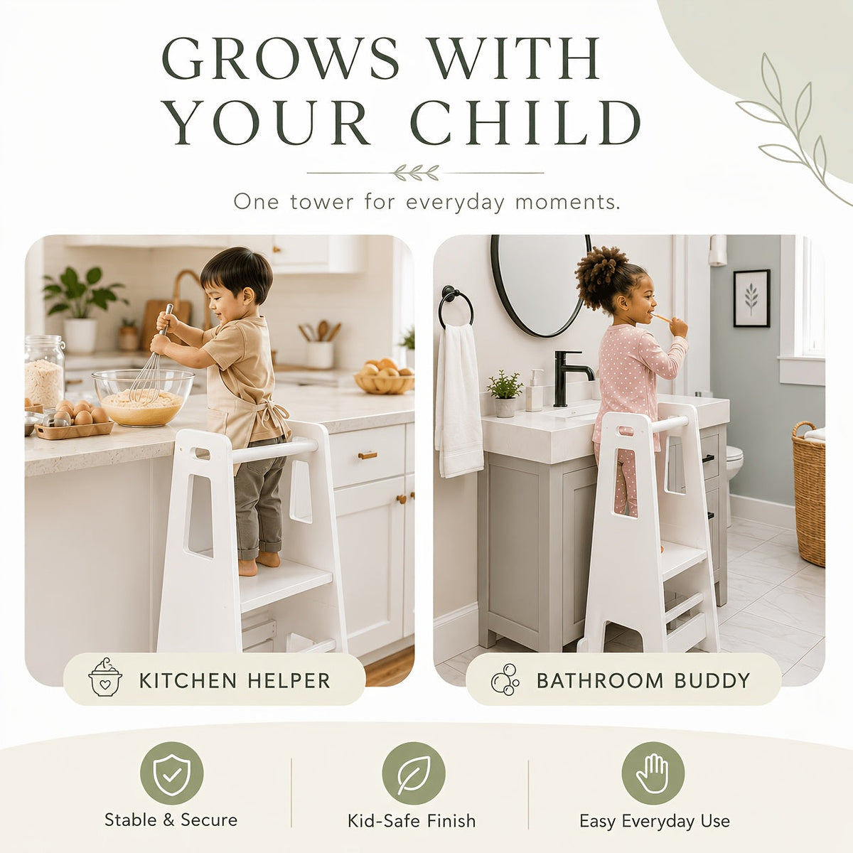 3-Level Adjustable Wooden Kitchen Step Stool with Safety Rail & Anti-Tip Support for Kitchen & Bathroom – White Black & Grey