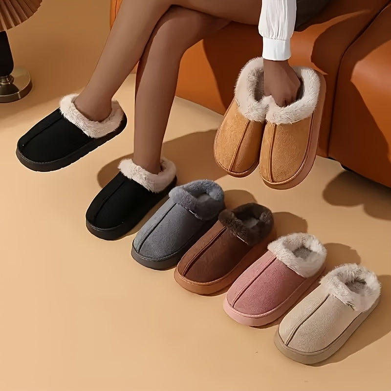 Women's Short Plush Slippers - EVA Thick Sole, Warm & Cozy, All-Season - Color-Matching Design - US 5.5–11 - Off-White, Khaki, Pink Red, Lead, Coffee & Black