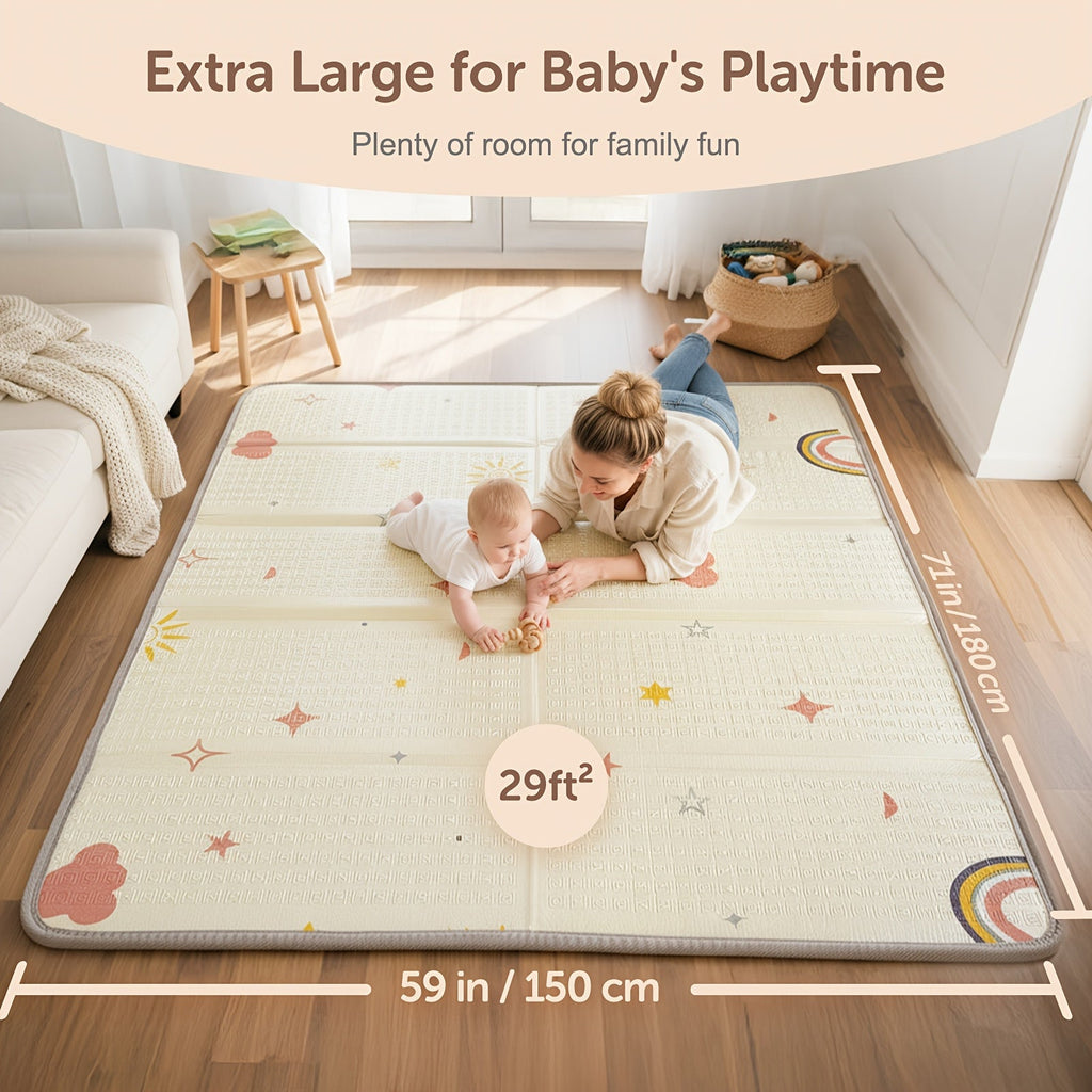 Extra Large Foldable Reversible ABC Baby Play Mat, Waterproof Padded Non-Toxic Foam Floor Mat for Infants & Toddlers, Tummy Time Indoor & Outdoor Use, Motor Skills Development, Rainbow, 3 Sizes