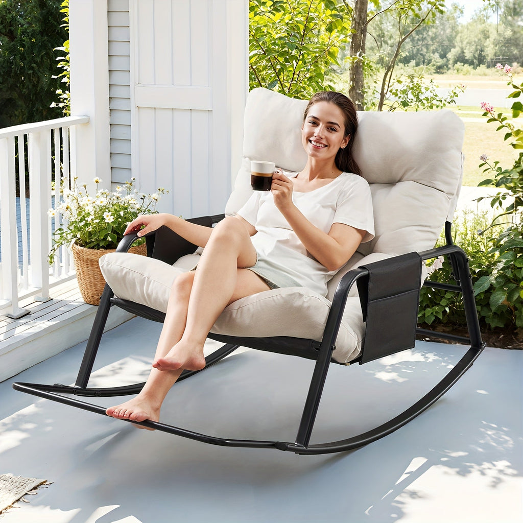 Oversized Outdoor Patio Upholstered Rocking Chair with 5.5" Thick Cushion, Footrest & Double-Sided Storage Bags for Patio Terrace Garden & Balcony – Non-Slip Backing, Available in Beige & Grey, 1 or 2 Pack