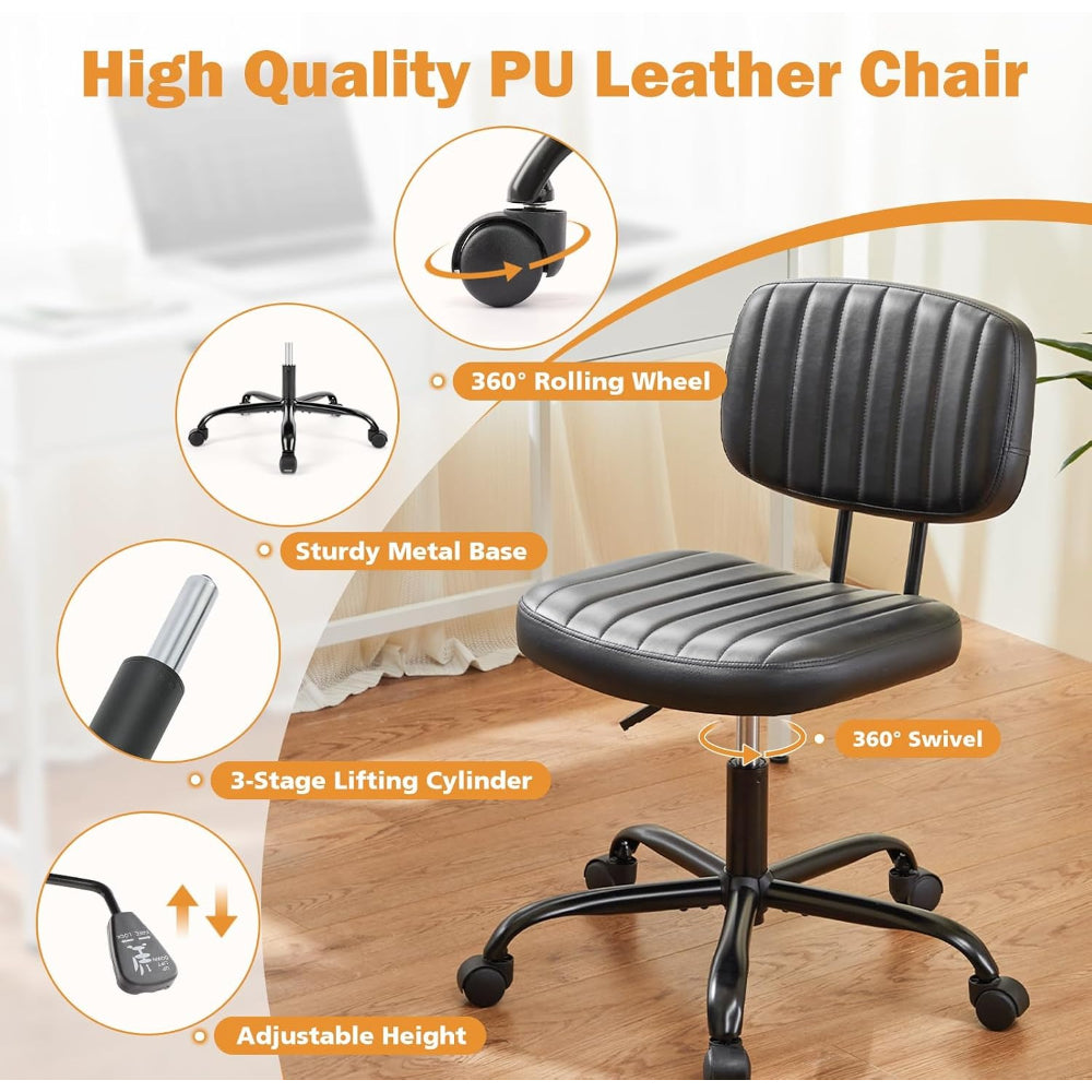 Armless Desk Chair PU Leather with Lumbar Support – Height Adjustable Rolling Swivel Task Chair for Home Office Bedroom Vanity Students Adults