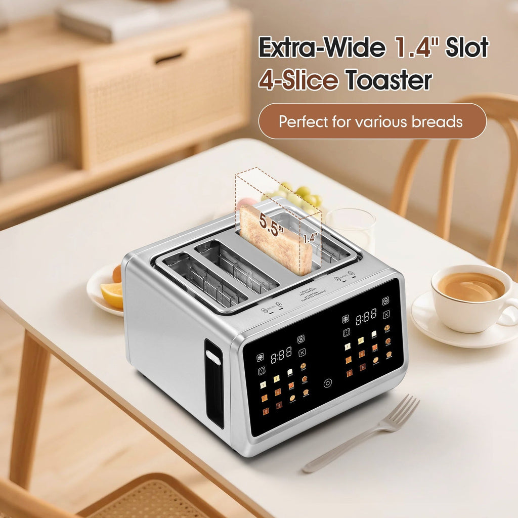 4-Slice Digital Smart Toaster Stainless Steel – Touchscreen Dual Control Panel with Timer Reheat & Defrost for Bagels Bread Waffles