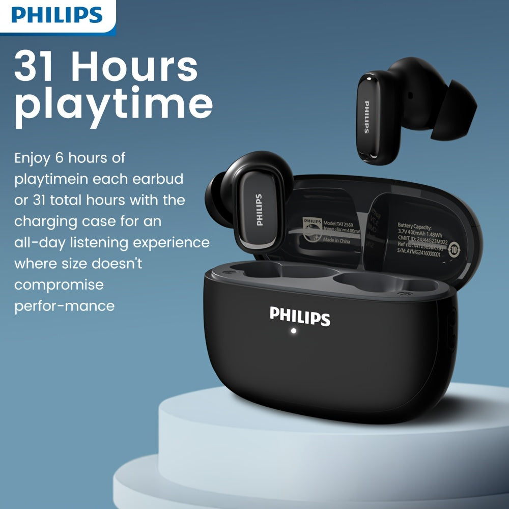 Philips TAT2569 Active Noise Canceling Wireless Earbuds - Bluetooth 5.4, 18H Playtime, Dual Beamforming Mics, Touch Control, Secure Sport Fit, Type-C Charging, iPhone & Android - Black, White & Blue