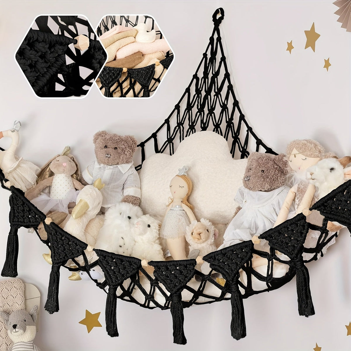 Macrame Stuffed Animal Storage Hammock, Jumbo Corner Hanging Plushie Net Organizer for Kids Nursery & Bedroom Decor, 9 Colors Including White Gray Pink Black & Rainbow