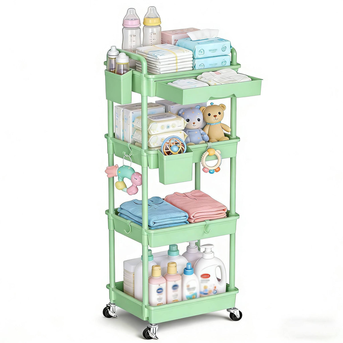3-Tier & 4-Tier Mobile Nursery Storage Cart on Wheels, Space-Saving Rolling Organizer for Nursery & Baby Room Decor, Sturdy with Smooth Wheels, Baby Pink, Green, Blue, Purple, White, Black & Grey