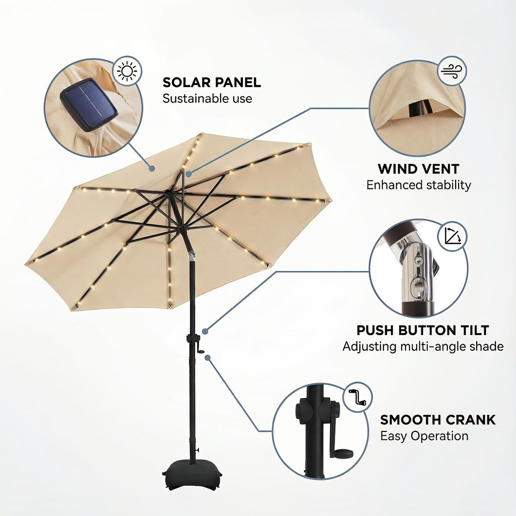 9ft Solar LED Patio Umbrella with Base 32 LED Lights Steel Frame Ventilation Push-Button Tilt & Crank for Garden Deck Backyard & Pool – Brown