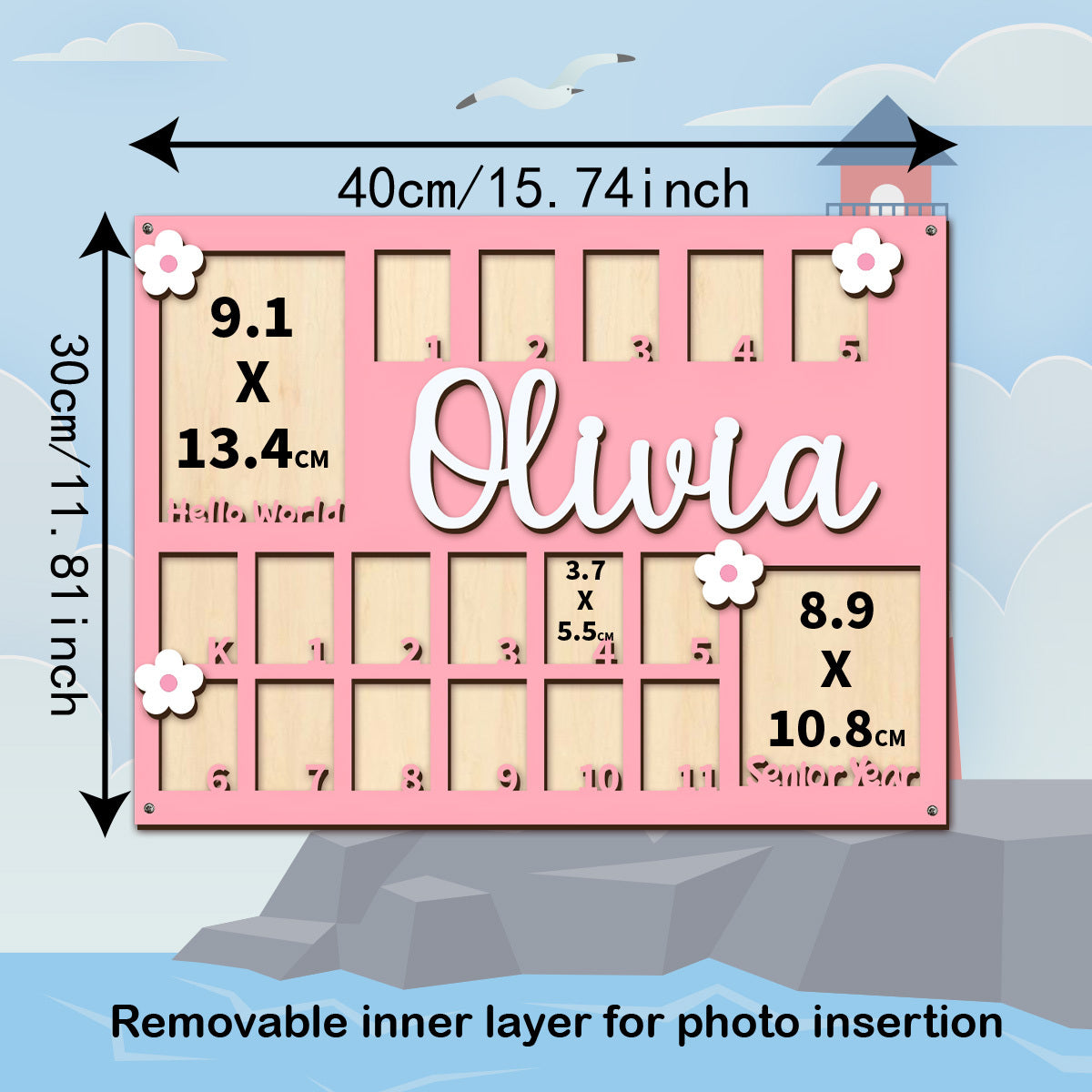 Personalized First Year Baby Growth Photo Frame, Custom Name Fresh Floral Mori Style Memory Frame, Baby Shower Party Decor Prop & Nursery Decoration, 6 Colors Blue Pink Khaki Purple Rose Red & Green
