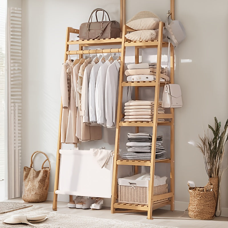 Bamboo Clothes Rack with Shelves Hat Hooks & Storage Bag – Adjustable Multi-Capacity Clothing Stand for Bedroom Closet in 32 / 51 / 75 Inch Brown & Natural