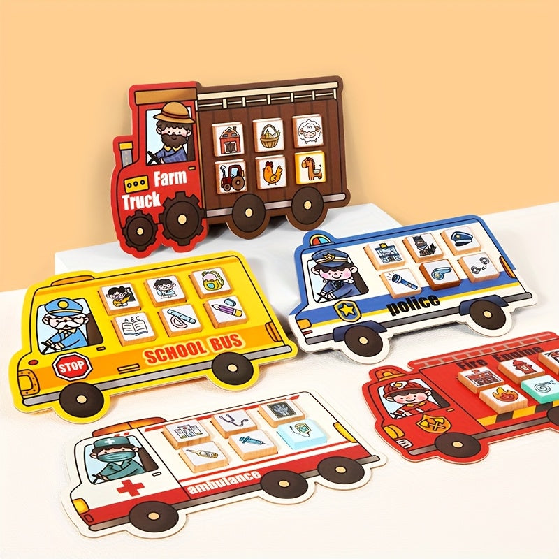 5-Theme Educational Vehicle Career Puzzle Building Blocks Toy Set, Farm Truck School Bus Police Car Ambulance & Fire Truck, Hand-Eye Coordination & Cognitive Skills Development Toy for Kids