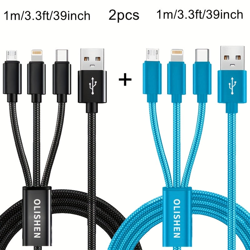 2-Pack 3-in-1 Fast Charging Cable - Nylon Braided Lightning, USB-C & Micro USB - 1m, 2m & 3m - For iPhone 6–17, Samsung, Huawei, Oppo, Vivo & More - 8 Color Combos