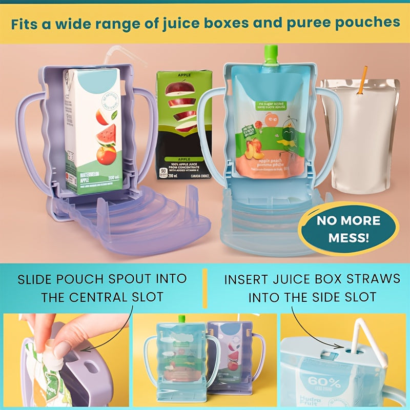 Anti-Squeeze Food Pouch & Juice Box Holder, Squeeze-Proof Baby Feeding Organizer with Flip-Top Closure, Food Contact Safe Square Container for Fruit Puree Pouches, Blue