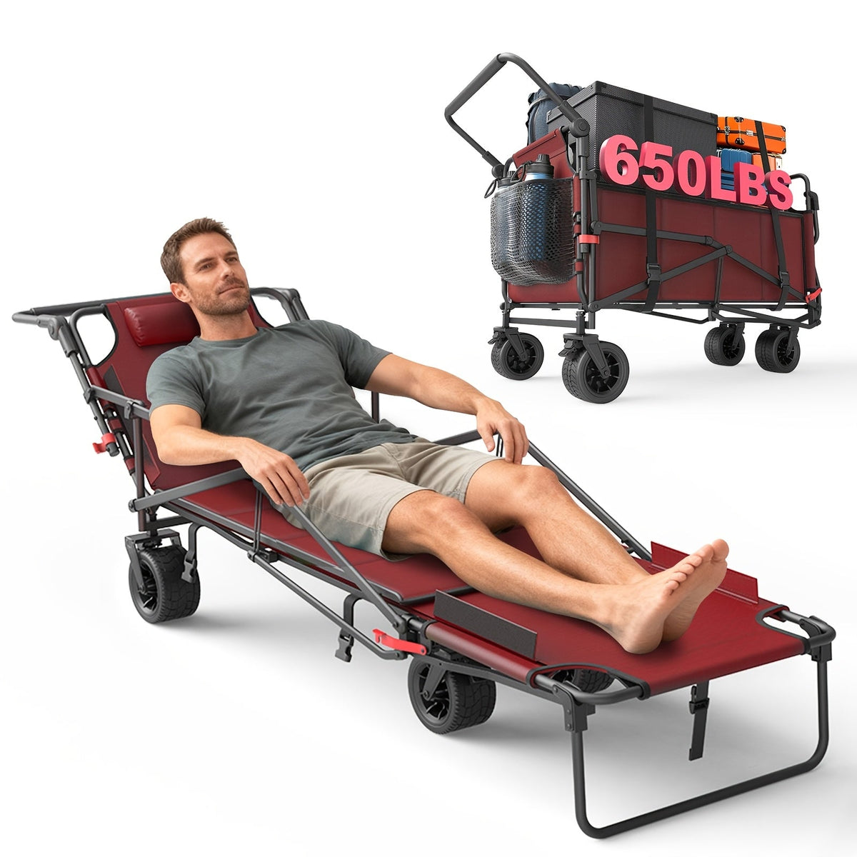 Heavy Duty Folding Wagon 2-in-1 Collapsible Cart and Beach Chair 400 420 650LBS Capacity All-Terrain 360 Swivel Wheels with Brakes Side Pockets for Camping Beach Groceries