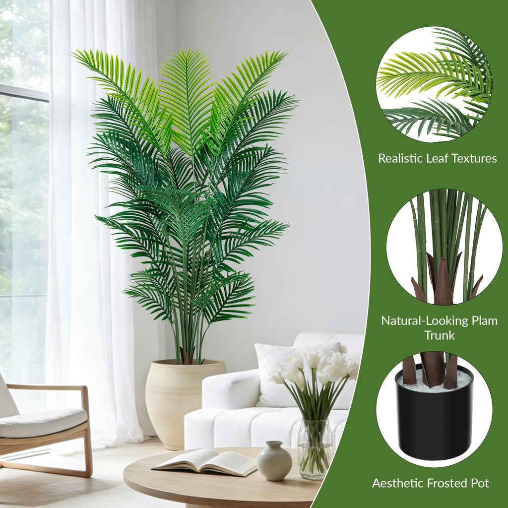 Artificial Palm Tree 4/5/6ft – UV-Resistant Faux Areca Palm with Realistic Dense Leaves & Black or White Planter Option for Living Room Patio Office Commercial Decor