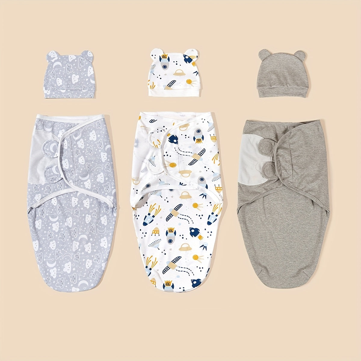3-Pack Newborn Swaddle & Hat Set for Spring & Summer, Soft Swaddle Cloth with Matching Hat for Infants, Gray Wavy Cloud Pink Rabbit Bear White Rabbit & Gray Rocket Cloud