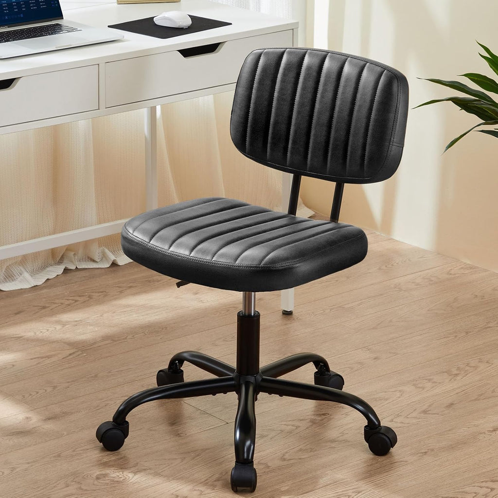 Armless Desk Chair PU Leather with Lumbar Support – Height Adjustable Rolling Swivel Task Chair for Home Office Bedroom Vanity Students Adults