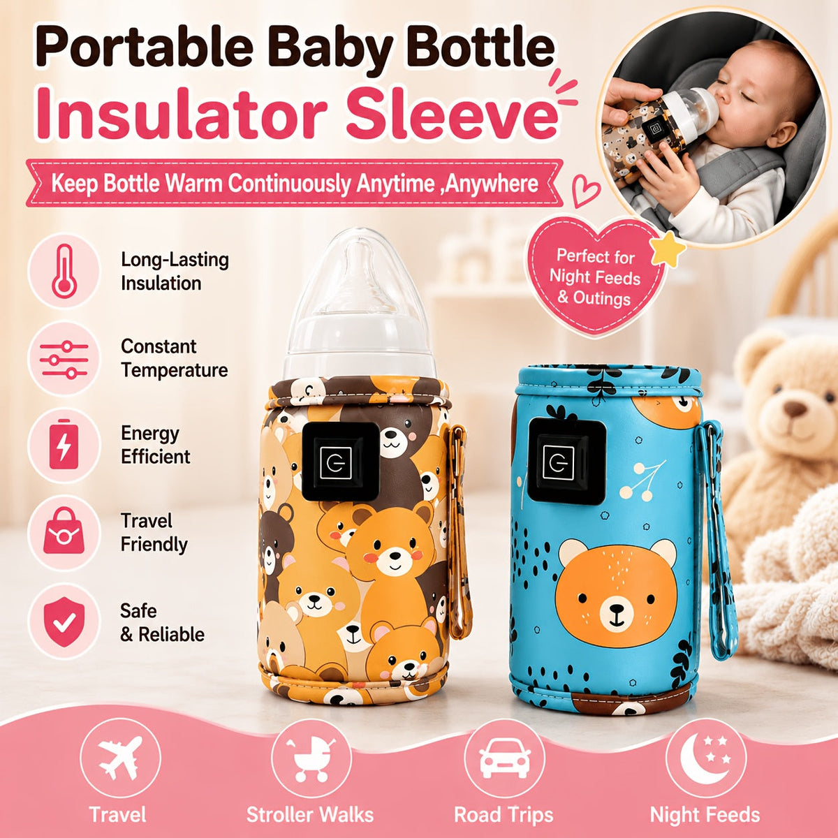 USB Portable Bottle Warmer Insulator Sleeve, Universal Stroller Baby Bottle Bag for Travel, Nursing & Feeding Bottle Insulated Holder, Keeps Bottle Warm Continuously, Blue Yellow Pink & Green